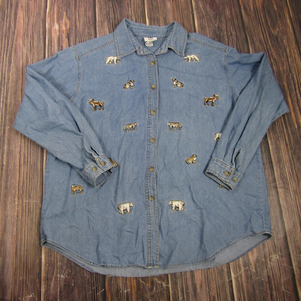 WWF Womens Plus 18/20 Blue Denim Tunic Button Up Shirt Nature Long Sleeve